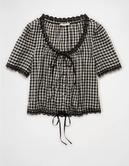 AE Short-Sleeve Gingham Button-Up Blouse