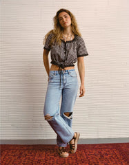 AE Short-Sleeve Gingham Button-Up Blouse