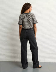 AE Short-Sleeve Gingham Button-Up Blouse