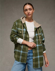 AE Plaid Hooded Button-Up Shirt