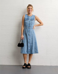 AE Button-Up Denim Midi Dress