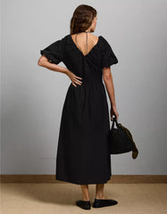 AE77 Premium Puff Sleeve Midi Poplin Dress