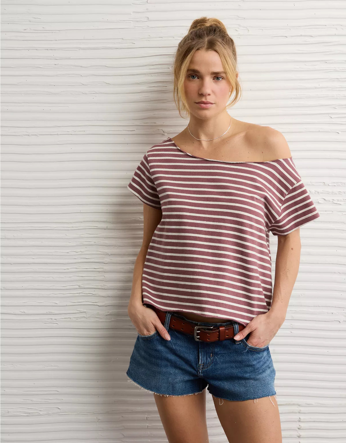 AE Off-the-Shoulder Striped T-Shirt