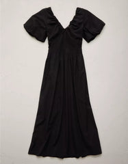 AE77 Premium Puff Sleeve Midi Poplin Dress