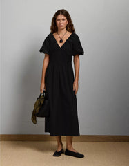 AE77 Premium Puff Sleeve Midi Poplin Dress