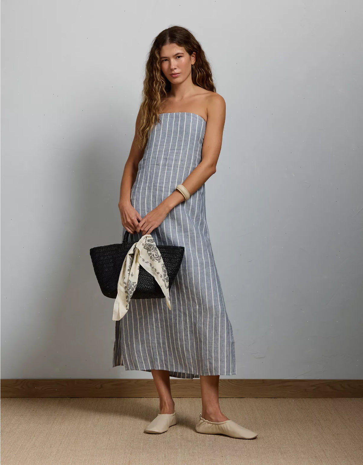 AE77 Premium Strapless Linen Midi Dress